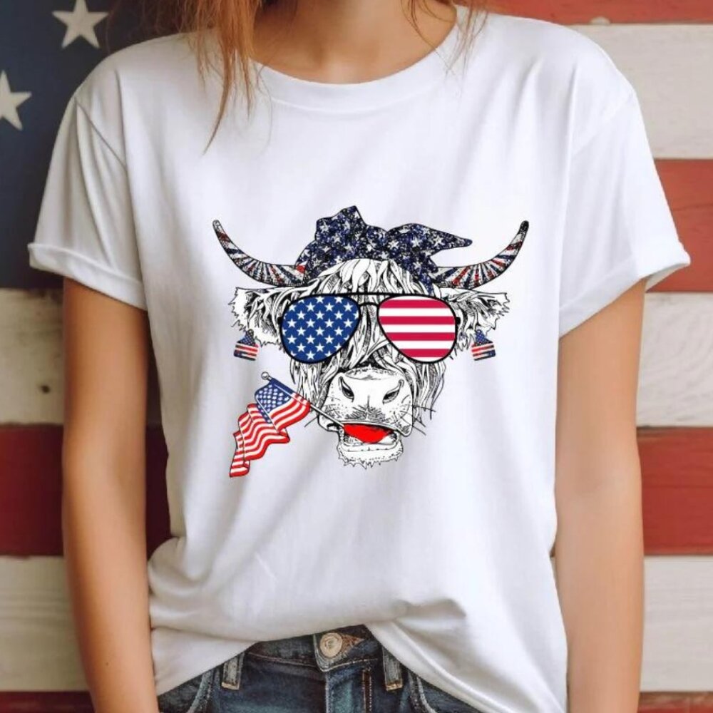 Highland Cow‎ Patriotic Western Graphic Print T Shirt White Unisex S - XXXL NWT